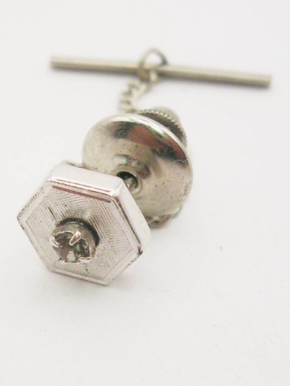 Vintage Tie Tack Pin with Chain silver tone Hexagon gray Rhinestone Formal Wear